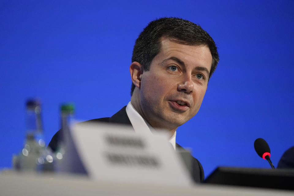 U.S. Secretary of Transportation Pete Buttigieg speaks at the COP26 U.N. Climate Summit, in Glasgow, Scotland, Wednesday, Nov. 10, 2021. The U.N. climate summit in Glasgow has entered its second week as leaders from around the world, are gathering in Scotland's biggest city, to lay out their vision for addressing the common challenge of global warming. (AP Photo/Alberto Pezzali)