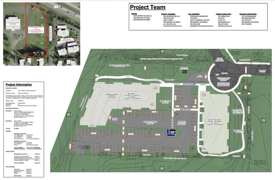 A conceptual design site plan illustrates the general project proposal at 3701 Home Road in Bellingham is being updated for a design review submission in early 2023.