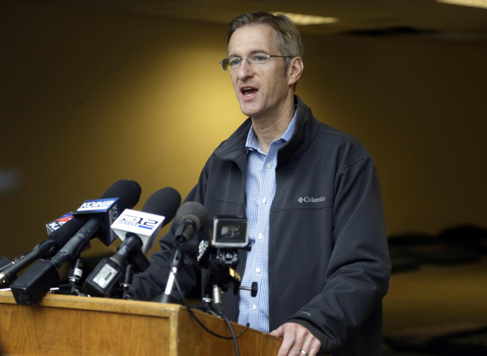 FILE - In this Jan. 17, 2017, file photo, Portland Mayor Ted Wheeler speaks during a news conference in Portland, Ore. Wheeler is criticizing how local prosecutors and his own Police Bureau handle street violence among political factions that frequently clash on the city's streets. In a news conference Monday, March 11, 2019, Wheeler called for a change to rules and laws if they do not allow police officers to arrest brawlers and vowed that anyone fighting on Portland streets will not escape unpunished. (AP Photo/Don Ryan, File)