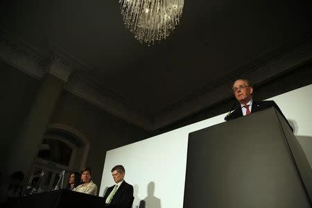 Lawyer Richard McLaren (R) delivers his second and final part of a report for the World Anti-Doping Agency (WADA), at a news conference in London, Britain December 9, 2016. REUTERS/Neil Hall