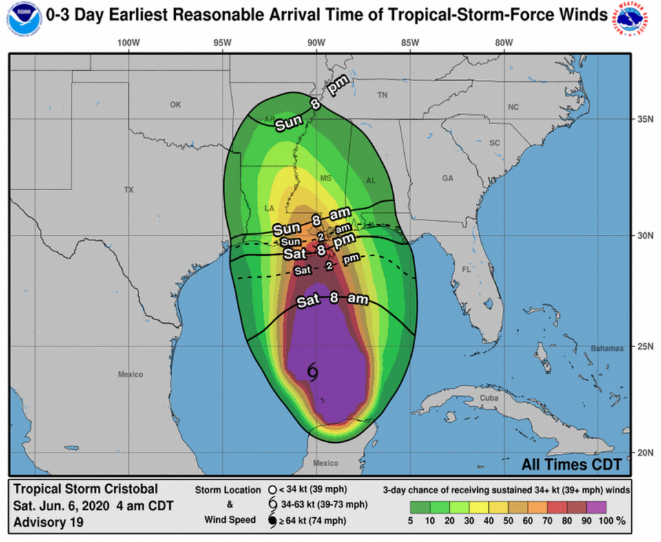 Tropical storm force winds could arrive along the Gulf Coast as early as Saturday night.