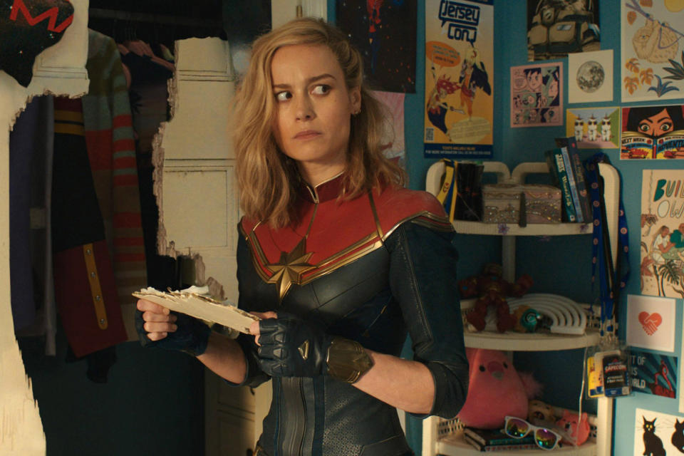 Brie Larson's Captain Marvel returns in The Marvels, but early word of mouth isn't especially Marvel-lous. (Courtesy Everett Collection)