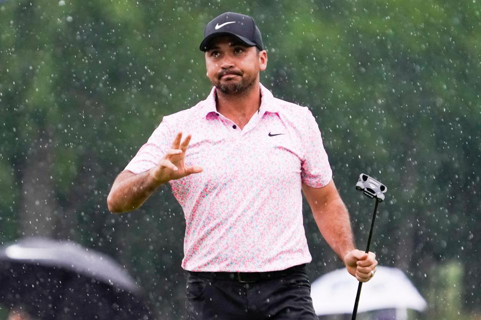 Jason Day reacts after making a birdie on the 18th hole during Sunday's final round of the AT&T Byron Nelson golf tournament in McKinney, Texas.