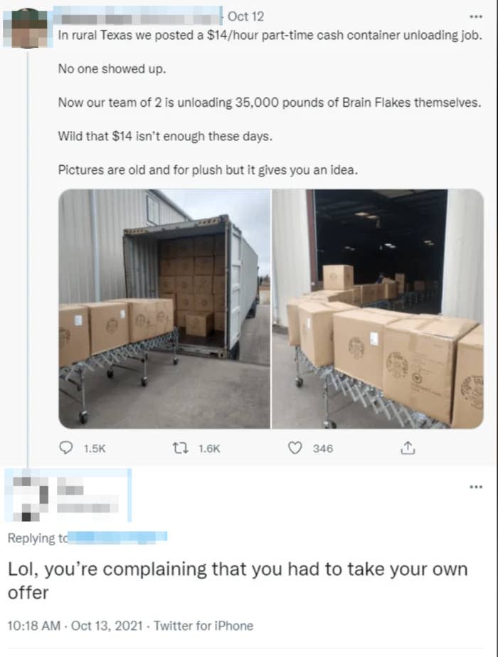Tweet shows empty warehouse where no one showed up for work; below, sarcastic reply mocking the situation