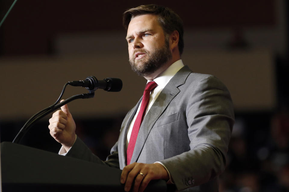 JD Vance speaks at a rally in Youngstown, Ohio (Tom E. Puskar / AP file)