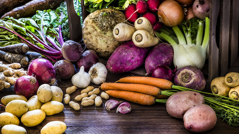 array of colorful vegetables, including parsnips, fennel, beets, potatoes, onions, carrots
