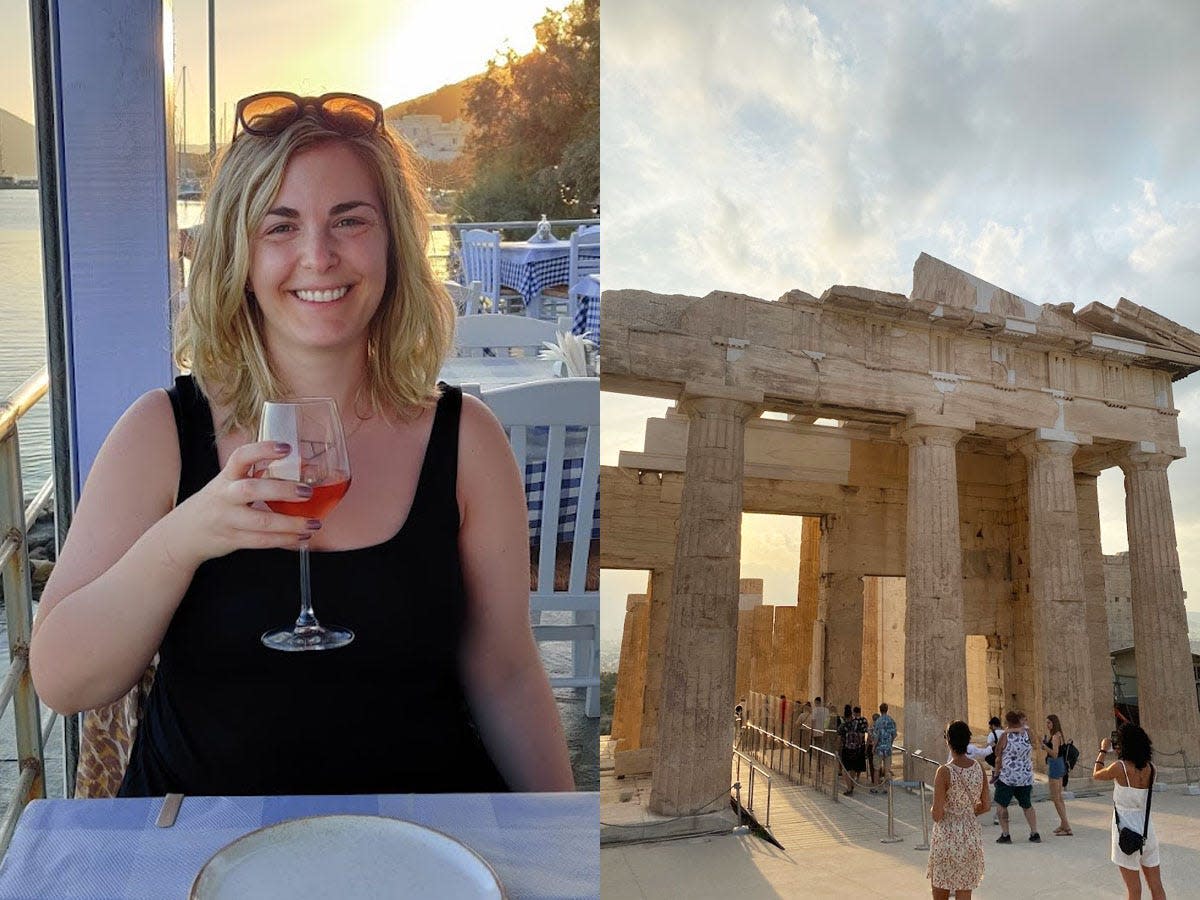 On the left, the writer holding a glass of wine at dinner with the sun setting in the background. On the right, a greek ruin surrounded by tourists