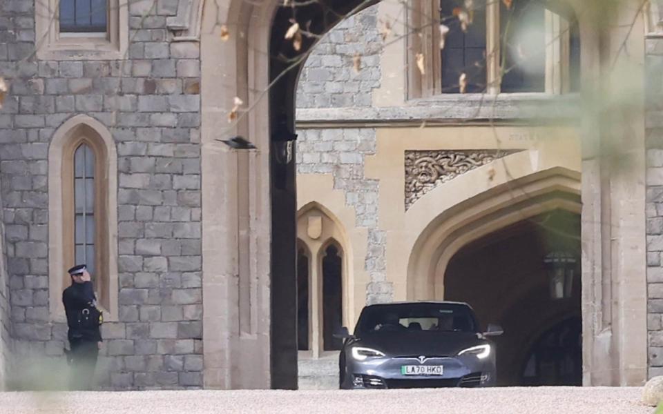  Prince Charles (front passenger seat) is driven out of Windsor Castle after spending around an hour there following the death of Prince Phillip. - Jamie Lorriman 