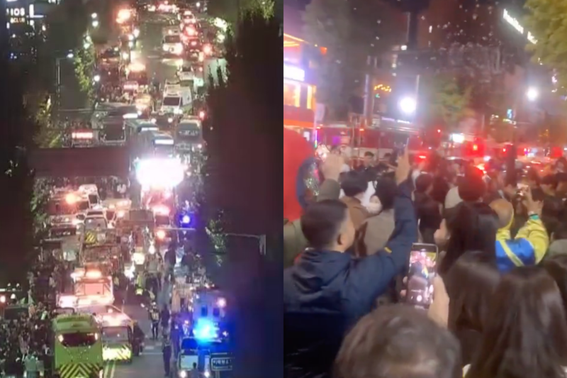 南韓梨泰院昨晚間爆發大型推擠踩踏意外釀百死，不過一度傳出民眾唱跳擋住救護車。（翻攝自twitter）