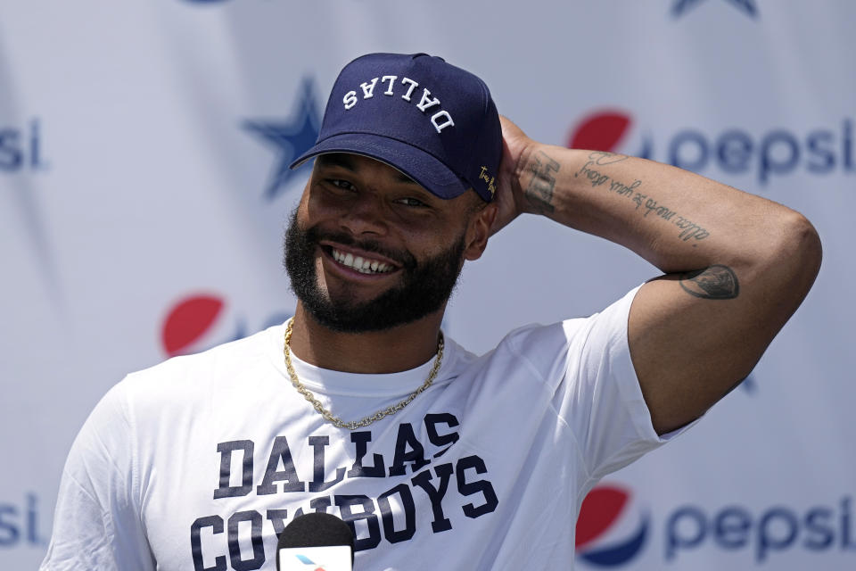 Dallas Cowboys quarterback Dak Prescott speaks during a news conference after the NFL football team's training camp Thursday, July 27, 2023, in Oxnard, Calif. (AP Photo/Mark J. Terrill)