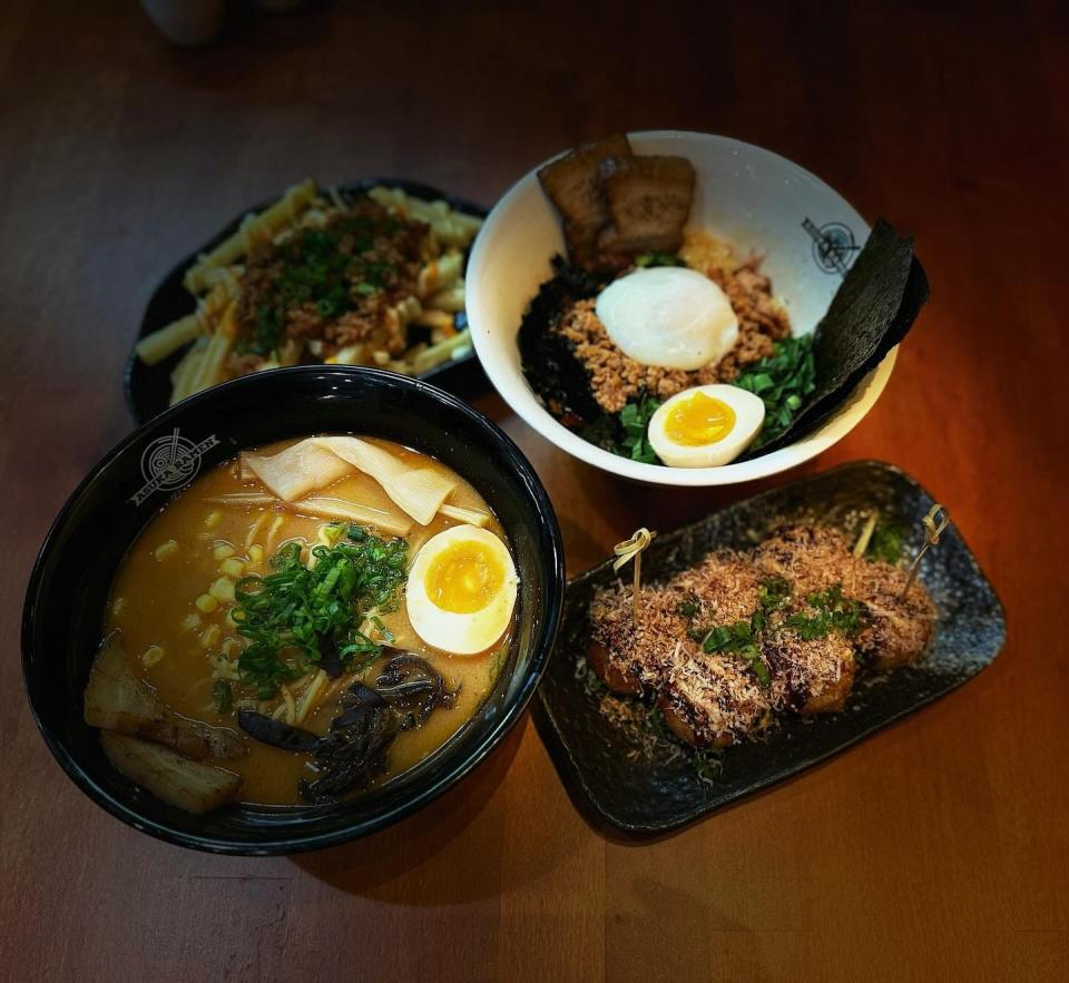 Manila Hibachi's menu includes Filipino barbecue, silog dishes that include a fried egg, fried lumpia and crab Rangoon, and desserts. The dish above includes beef barbecue.