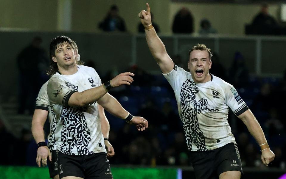 Bristol Bears' James Williams (R) celebrates with teammate Benhard Janse van Rensburg after winning the Gallagher Premiership Rugby match between Sale Sharks and Bristol Bears at the AJ Bell Stadium on January 05, 2024 in Salford, England.