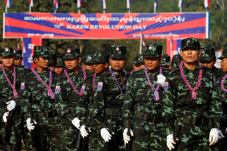 Soldiers of Karen National Union (KNU) march during the 70th anniversary of Karen National Revolution Day in Kaw Thoo Lei, Kayin state, Myanmar January 31, 2019. REUTERS/Ann Wang