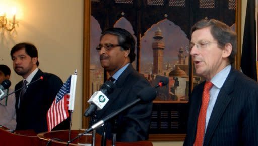 This file photo shows US special envoy Marc Grossman (R) speaking during a joint press conference with Afghan deputy FM Jawed Ludin (L) and Pakistani foreign secretary Jalil Abbas Jilani (C), in Islamabad, on April 27. A day earlier, Islamabad reiterated its opposition to US drone attacks in its territory