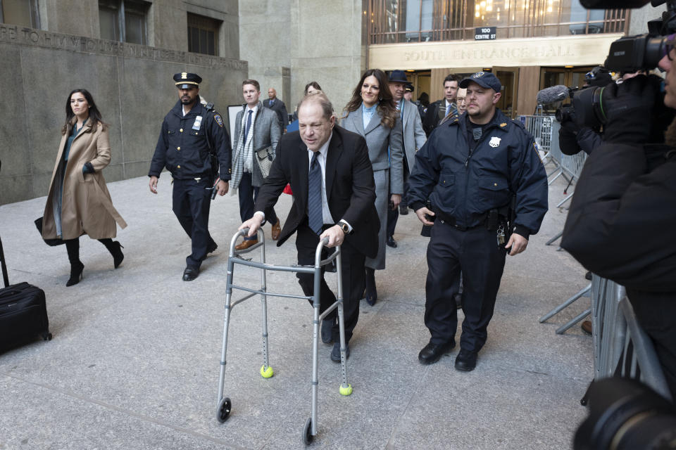 Harvey Weinstein leaves a Manhattan courthouse following a day in his trial on rape and sexual assault charges, Wednesday, Jan. 22, 2020 in New York. (AP Photo/Mark Lennihan)