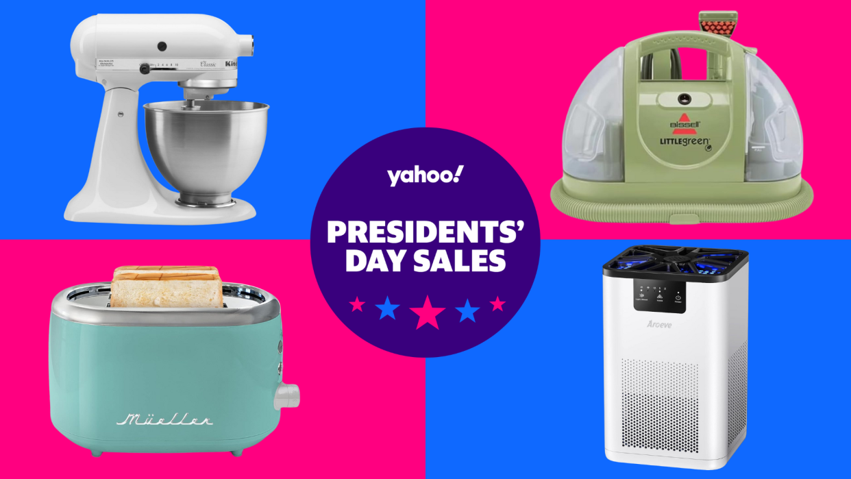 Text: Yahoo! Presidents' Day Sales / KitchenAid stand mixer / Bissell floor steamer / Mueller toaster / Aroeve air purifier