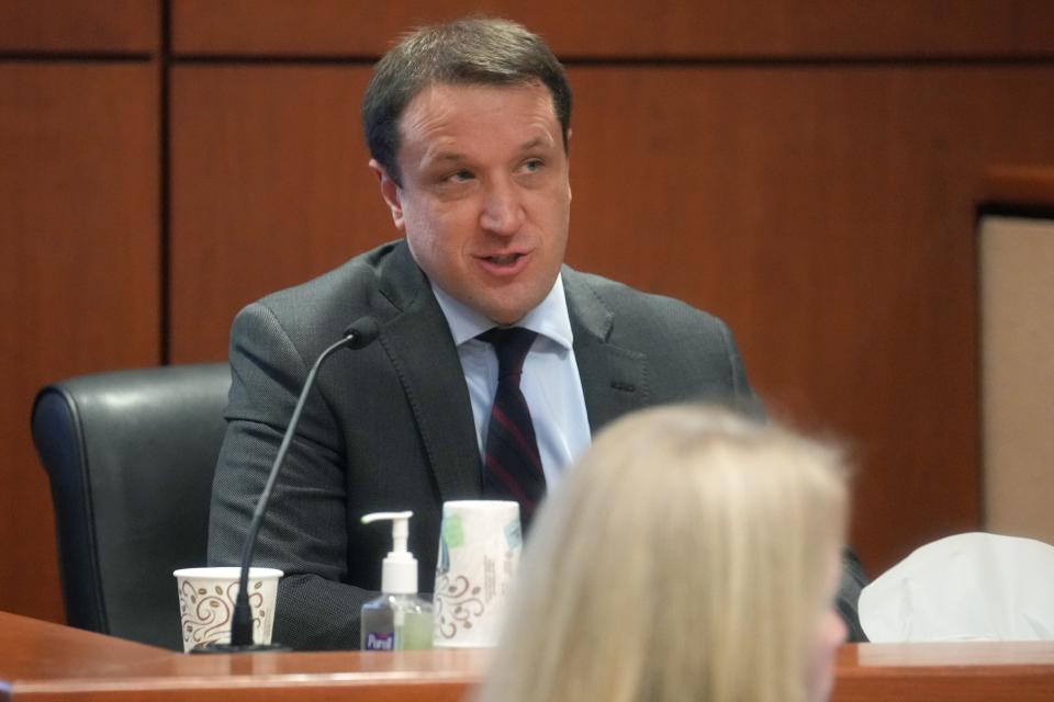 Scott Jarrett, director of elections for Election Day and emergency voting for Maricopa County takes the stand during the Maricopa County Superior Court election hearing for Kari Lake in Mesa on Thursday, Dec. 22, 2022. 