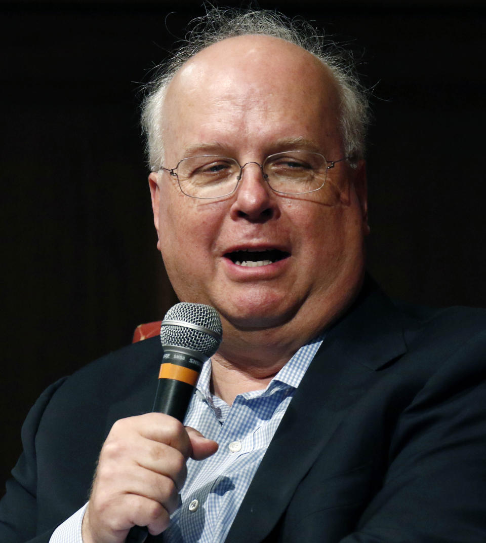 FILE - In this Aug. 18, 2018, file photo political strategist Karl Rove, speaks during the Mississippi Book Festival in Jackson, Miss. (AP Photo/Rogelio V. Solis, File)