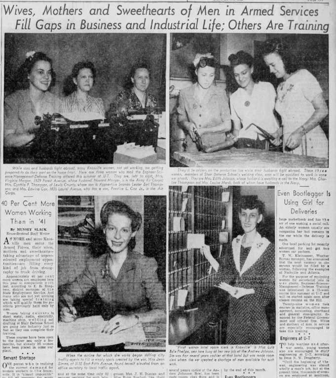 An Oct. 11, 1942, article in the News Sentinel looked at women taking what had traditionally been men's jobs when many men had joined the military during World War II. Lula Belle Phelps, the "first woman hotel room clerk in Knoxville, was among those featured.