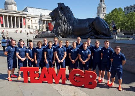 Britain Rugby Union - Team GB - Rio 2016 Rugby Sevens Team Announcement - Brazilian Embassy, London - 19/7/16 Team GB Rugby Sevens men's team pose for a group photo in Trafalgar Square Action Images via Reuters / Henry Browne Livepic EDITORIAL USE ONLY.