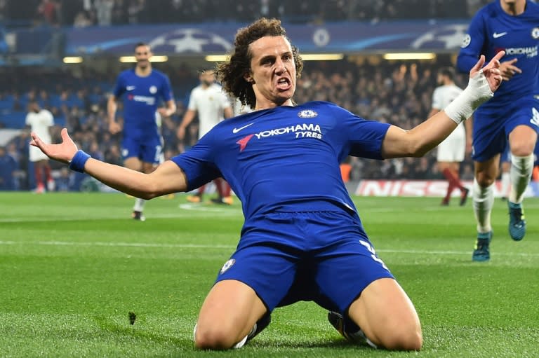 Chelsea's defender David Luiz celebrates after scoring during a UEFA Champions league match against Roma at Stamford Bridge in London on October 18, 2017