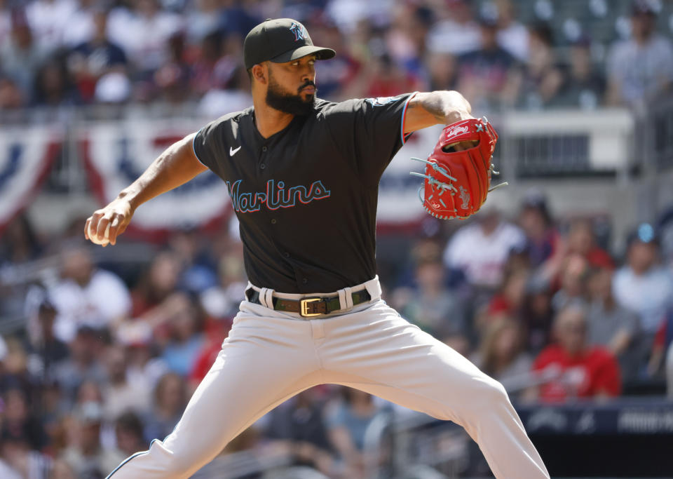 Miami Marlins starting pitcher Sandy Alcantara delivers in the first inning against the Atlanta Braves in a baseball game on Saturday, May 28, 2022, in Atlanta. (AP Photo/Bob Andres)