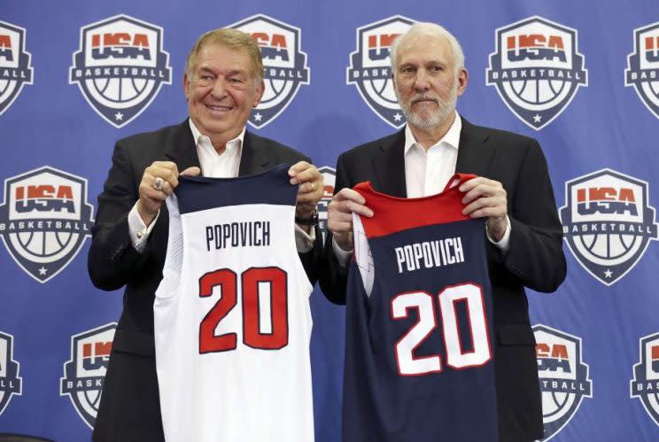 Gregg Popovich (right) is the new head coach of USA Basketball, but why not more in 2020? (AP)