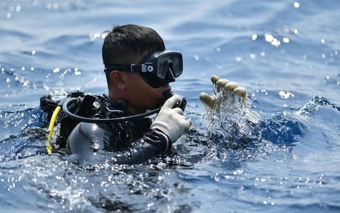 An Indonesian Navy diver prepares to dive at an assigned point to search for the ill-fated Lion Air flight JT 610 at sea, north of Karawang - Credit: AFP