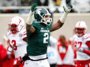 William Gholston #2 of the Michigan State Spartans reacts after a second quarter third down stop while playing the Nebraska Cornhuskers at Spartan Stadium Stadium on November 3, 2012 in East Lansing, Michigan. (Photo by Gregory Shamus/Getty Images)