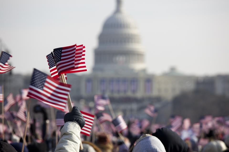 The inauguration of President Barack Obama, January 20th 2009.  Unrecognizable crowds in the Washington DC Mall.    