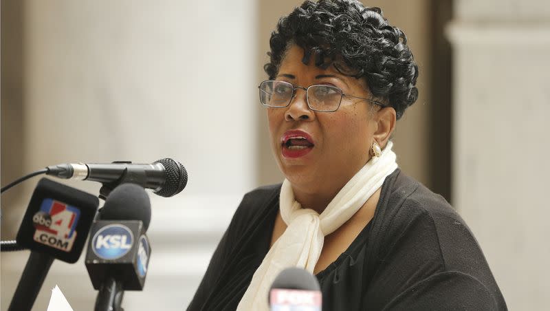 Jeanetta Williams, president of NAACP Salt Lake Branch and the NAACP Tri-State Conference of Idaho-Nevada-Utah, speaks during a press conference at the Capitol in Salt Lake City on June 5, 2020.