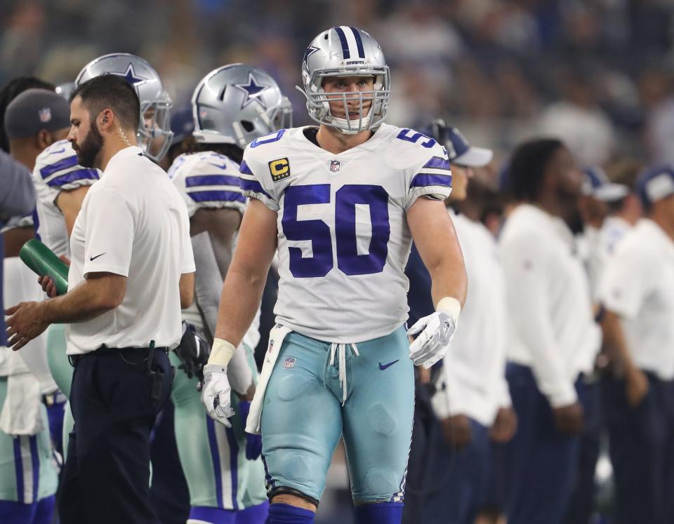 Dallas Cowboys linebacker Sean Lee (50) on the sidelines against the New York Giants at AT&T Stadium.