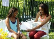 Sasha Obama and Malia Obama read to children during the White House Easter Egg Roll on the South Lawn of the White House on April 25, 2011 in Washington, DC. About 30,000 people are expected to attend the 133-year-old tradition of rolling colored eggs down the White House lawn. (Photo by Roger L. Wollenberg-Pool/Getty Images)