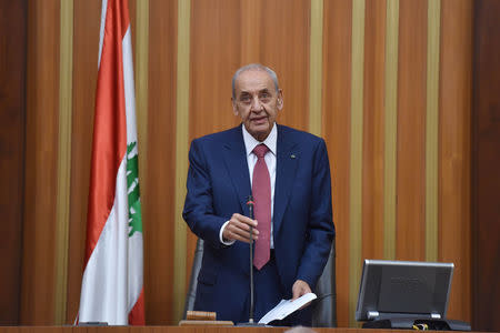 Nabih Berri, speaks after he was re-elected Lebanon's parliamentary speaker, as Lebanon's newly elected parliament convenes for the first time to elect a speaker and deputy speaker in Beirut, Lebanon May 23, 2018. Lebanese Parliament/Handout via REUTERS