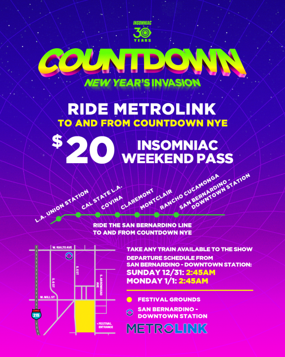 Metrolink's San Bernardino line is the preferred transit option for the upcoming Countdown NYE Festival in San Bernardino on New Year's Weekend 2023.