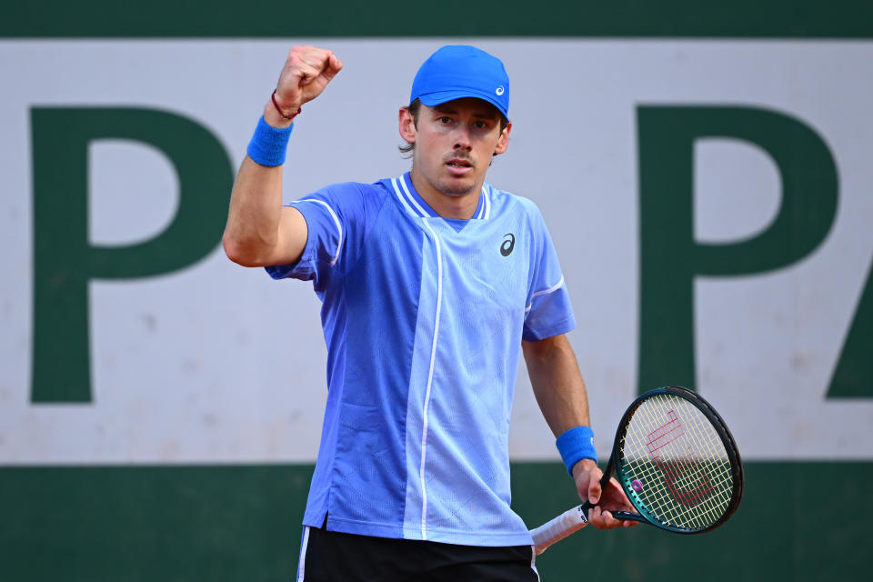 PARIS, FRANCE - MAY 30: Alex De Minaur of Australia celebrates a point against Jaume Munar of Spain in the Men's Singles second round match during Day Five of the 2024 French Open at Roland Garros on May 30, 2024 in Paris, France. (Photo by Clive Mason/Getty Images)