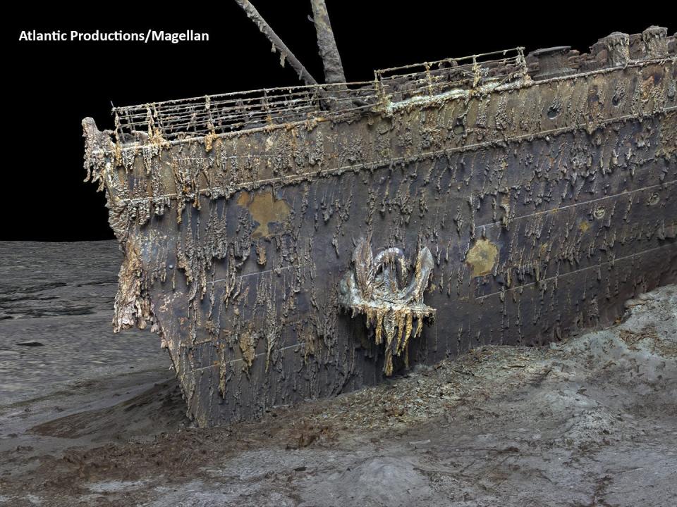 An image from a 3D scan of the Titanic showing the ship's bow