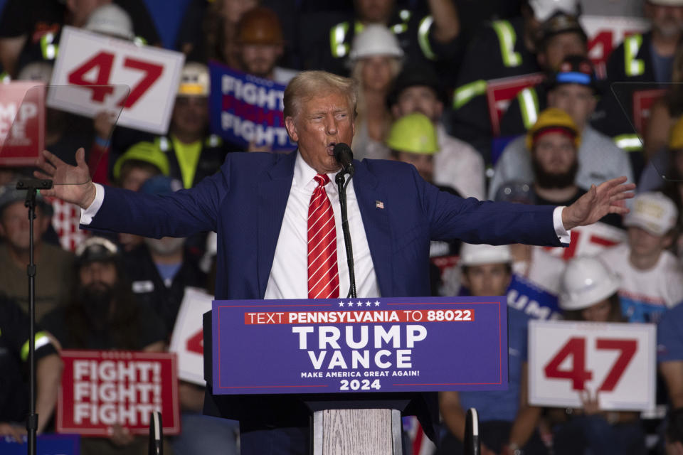 Republican presidential nominee former President Donald Trump speaks during a rally at 1st Summit Arena at the Cambria County War Memorial, in Johnstown, Pa., Friday, Aug. 30, 2024. (AP Photo/Rebecca Droke)