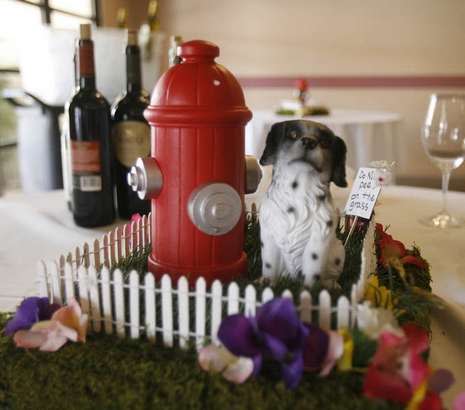 A table setting in the reception area at the dog wedding at Palm Desert Resort Country Club Sunday April 22, 2012. <br> (Photo courtesy Wade Byars/The Desert Sun) <br> <br> (Originally reported in <a href="http://www.mydesert.com/article/20120423/NEWS01/204230322/Wedded-bliss-gone-dogs?odyssey=tab|topnews|text|Frontpage" rel="nofollow noopener" target="_blank" data-ylk="slk:The Desert Sun;elm:context_link;itc:0;sec:content-canvas" class="link ">The Desert Sun</a>)