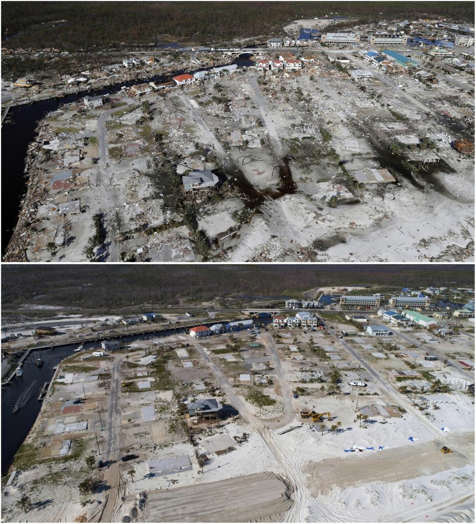 FILE - This combination of photos devastation following Hurricane Michael in Mexico Beach, Fla., on Oct. 12, 2018, with Bonny Paulson's home, top left, and the same location on May 3, 2019. Climate change is increasing billion-dollar disasters, many of them from intensifying hurricanes. Some developers are building homes like Paulson's with an eye toward making them more resilient to the extreme weather that's increasing with climate change, and friendlier to the environment at the same time. (AP Photo, File)