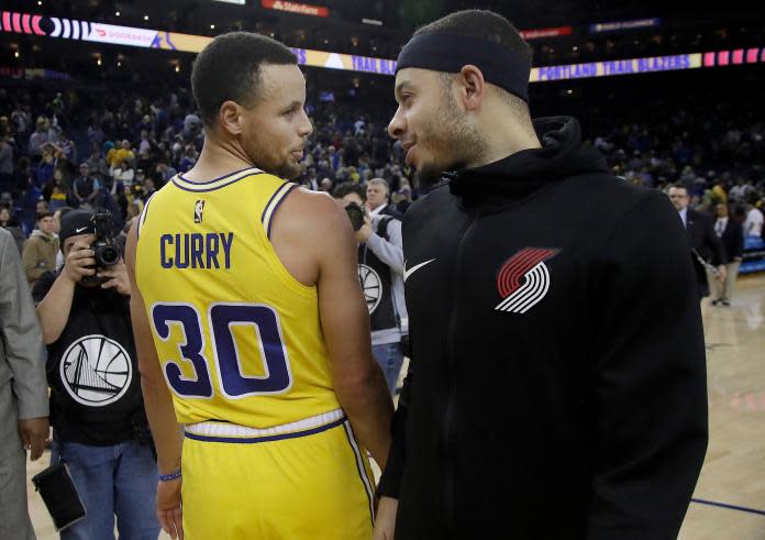 ▲柯瑞兄弟檔Seth Curry（左）、Stephen Curry。（圖／美聯社／達志影像）