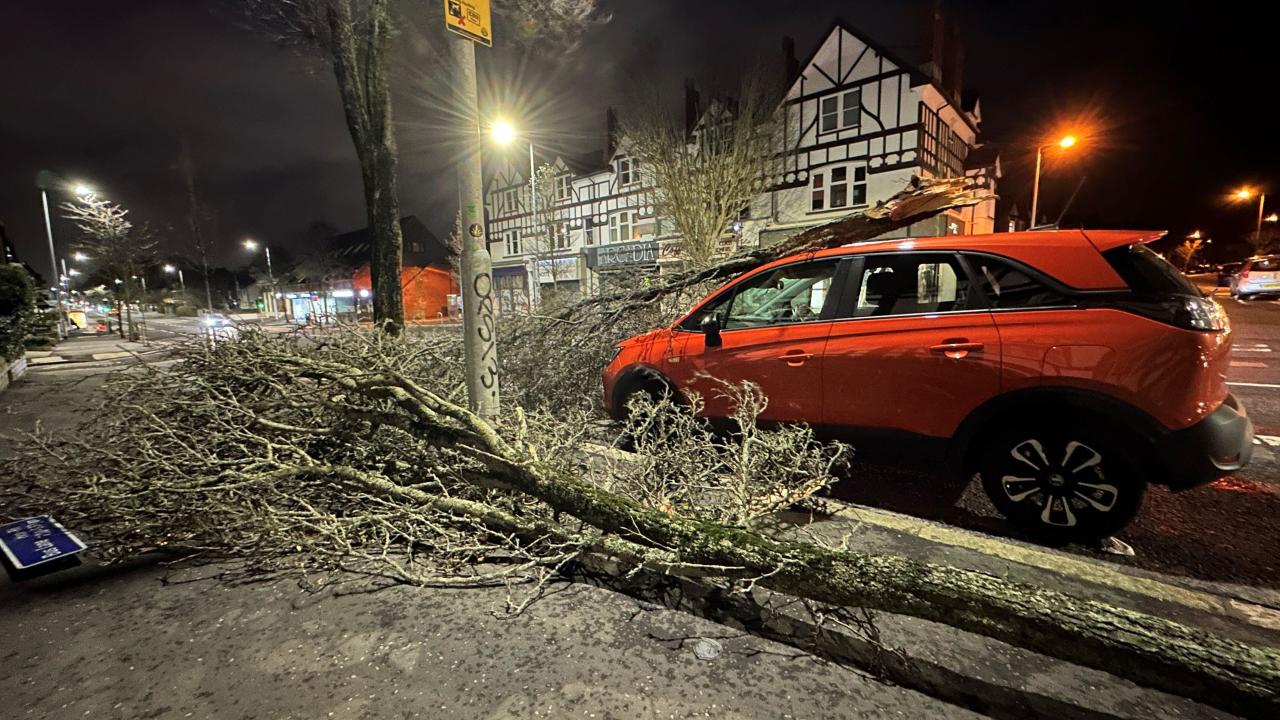 A tree branch fallen on a car on Lisburn Road in Belfast during Storm Isha. A Status Red wind warning has been issued for counties Donegal, Galway and Mayo as authorities warn people to take care ahead of Storm Isha's arrival. Picture date: Sunday January 21, 2024.