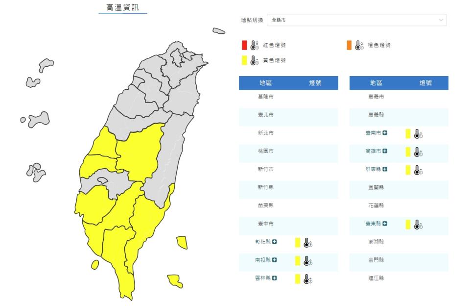 高溫資訊。（圖取自中央氣象署網站）