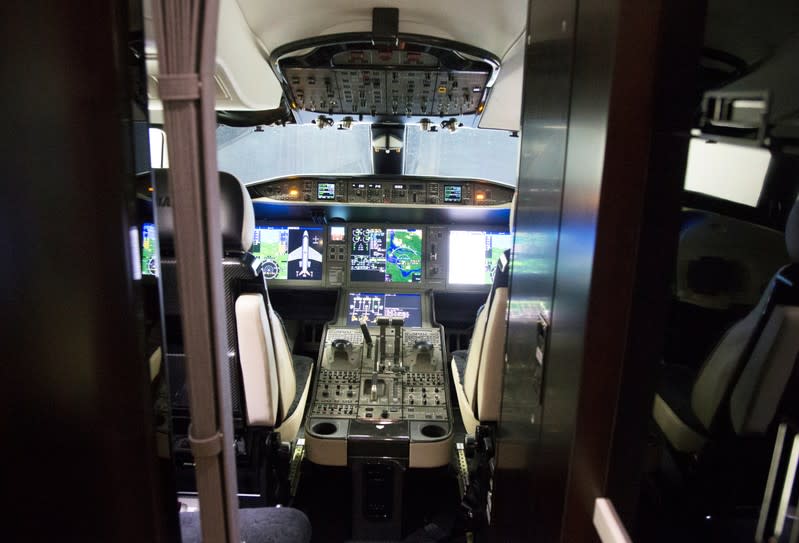 An interior view showing the cockpit of Bombardier's Global 7500, the first business jet to have a queen-sized bed and hot shower, shown during a media tour in Montreal