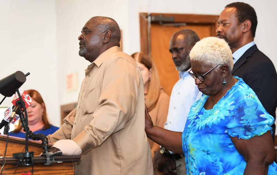 O' Conner Green is comforted by his sister Shirley White, as they talk about their brother Crosley. An April 27, 2022 press conference was held by attorneys for Crosley Green at Bethlehem Missionary Baptist Church in Titusville. Lawyers Keith J. Harrison and Jeane A. Thomas, as well as Crosley Green, his sister and brother, and others spoke to the news media, and supporters.