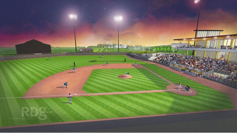 A conceptual plan shows a new, permanent stadium at the "Field of Dreams" movie site, with the original site in the background.