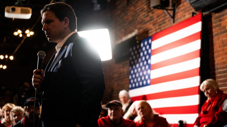 PHOTO: Republican presidential candidate, Florida Gov. Ron DeSantis speaks to supporters during a campaign rally at the Cara Irish Pub & Restaurant on Jan. 19, 2024 in Dover. (Brandon Bell/Getty Images)