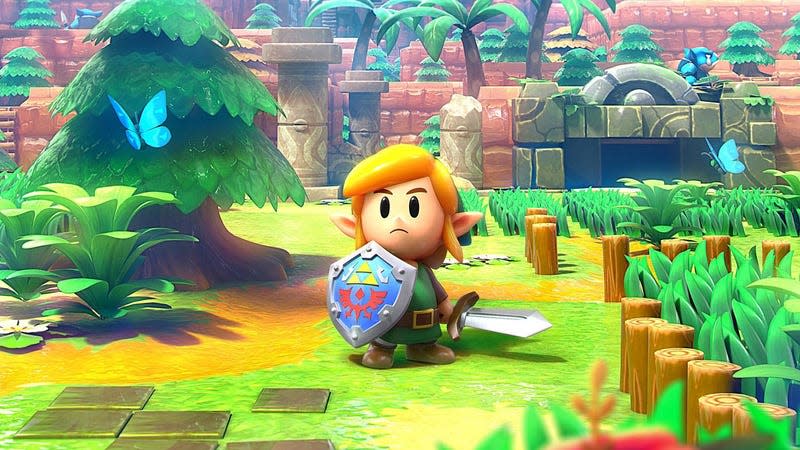 Link from Link&#39;s Awakening looks out upon a claymation world full of eShop deals.