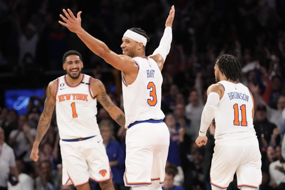 New York Knicks guard Josh Hart (3) reacts after scoring in the second half of Game 4 in an NBA basketball first-round playoff series against the Cleveland Cavaliers, Sunday, April 23, 2023, at Madison Square Garden in New York. The Knicks won 102-93. (AP Photo/Mary Altaffer)