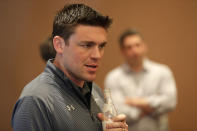 Tampa Bay Rays senior vice president of baseball operations and general manager Erik Neander speaks at a media availability during the Major League Baseball general managers annual meetings, Wednesday, Nov. 13, 2019, in Scottsdale, Ariz. (AP Photo/Matt York)